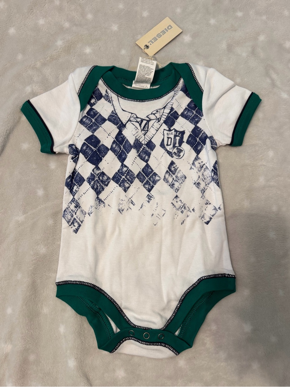 NWT Diesel 9M Baby Boy Bodysuit Argyle Green Trim Designer One Piece